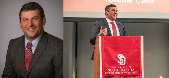 Jacob Wurth, Raven Corporate Controller, receives the Beacom School of Business 2019 Division of Accounting and Finance Distinguished Service Award at USD's annual awards dinner, held on November 7, 2019 in Vermillion, S.D.